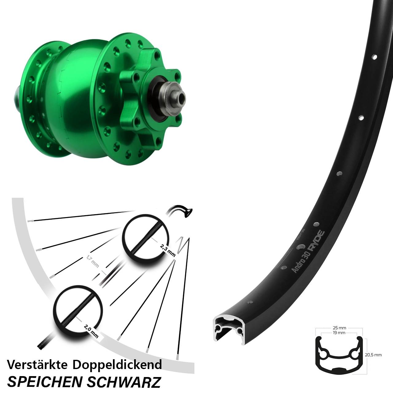 29 Zoll Ryde Andra 30 SON 28 grün Disc Nabendynamolaufrad für Schnellspanner