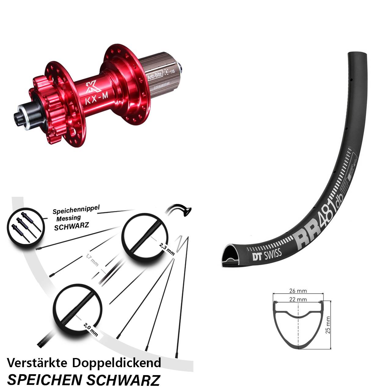 28 Zoll DT Swiss RR481 KX-M rot Hinterrad 6-Loch QR 8-12 fach