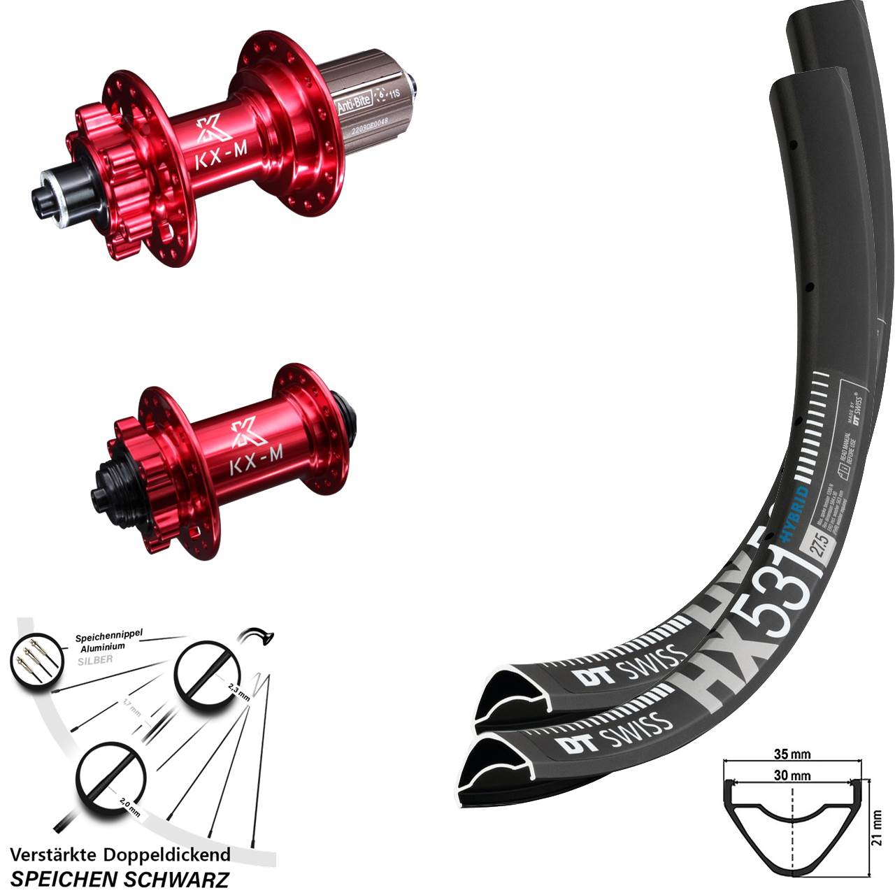Disc Laufrad-Satz QR 29 Zoll DT Swiss HX531 KX-M rot 8-12 fach HG