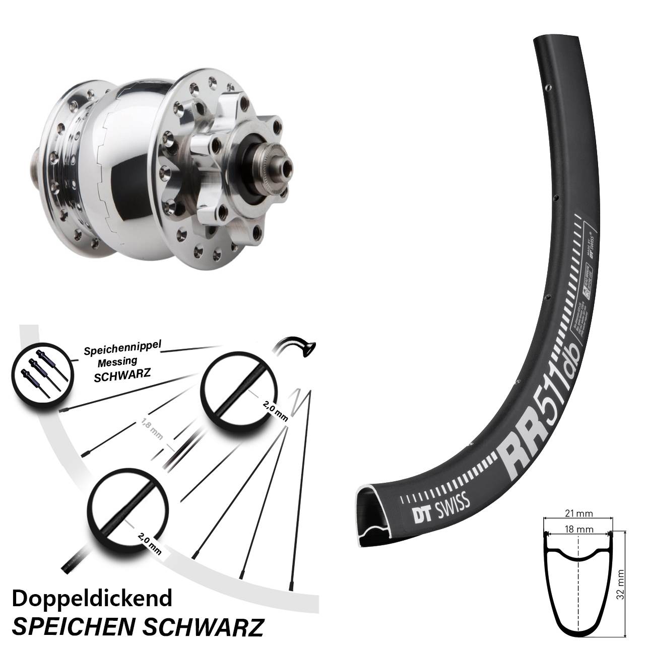 Nabendynamovorderrad 6-Loch für Schnellspanner DT Swiss RR511 SON 28 Zoll poliert