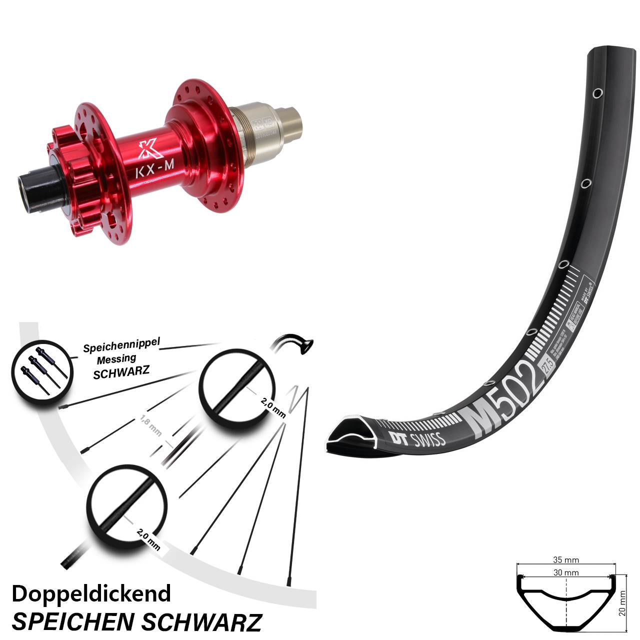 27,5 Zoll DT Swiss M 502 Hinterrad KX-M XD 12x142