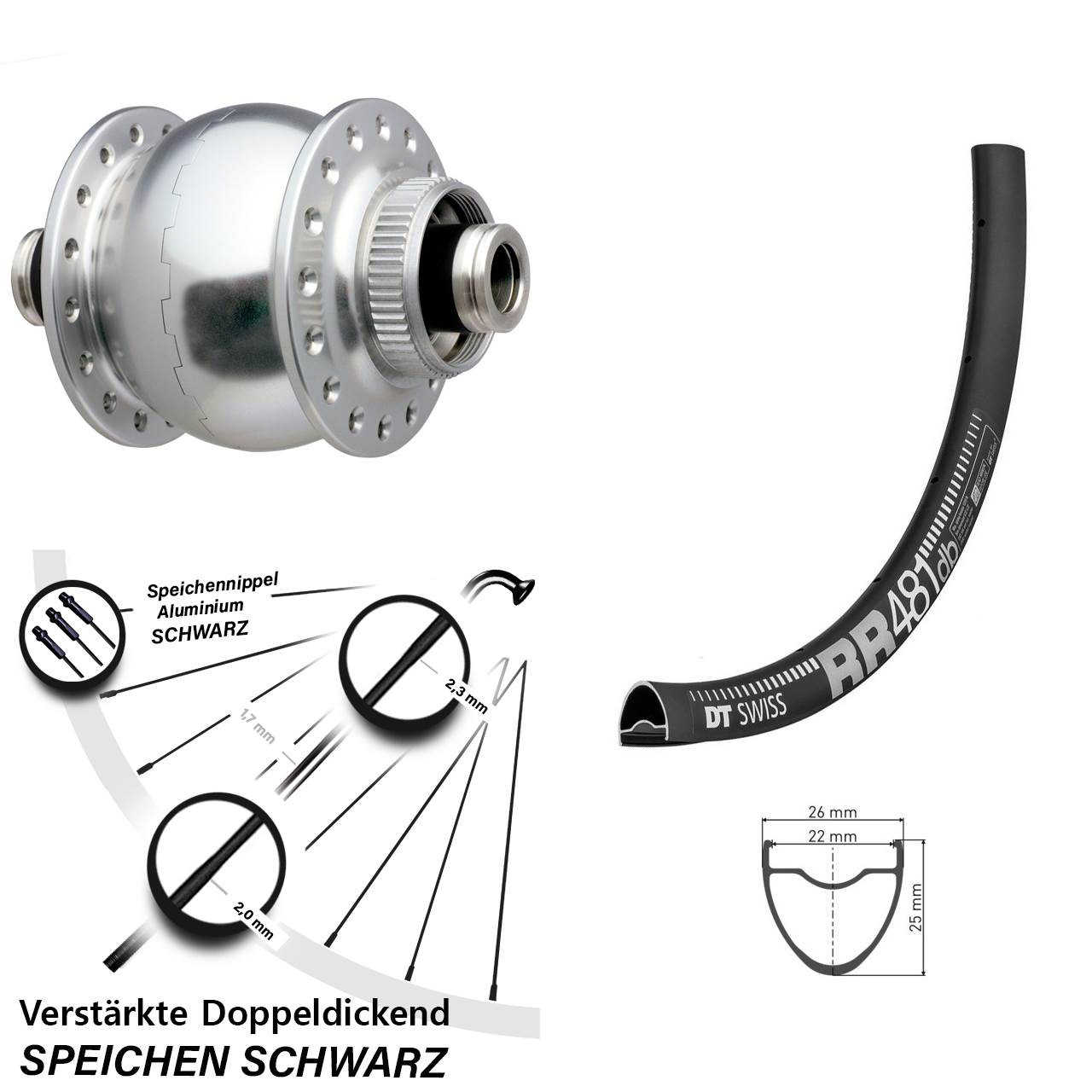 SON 28 Zoll Nabendynamo Vorderrad DT Swiss RR 481 DB für Steckachse silbern eloxiert