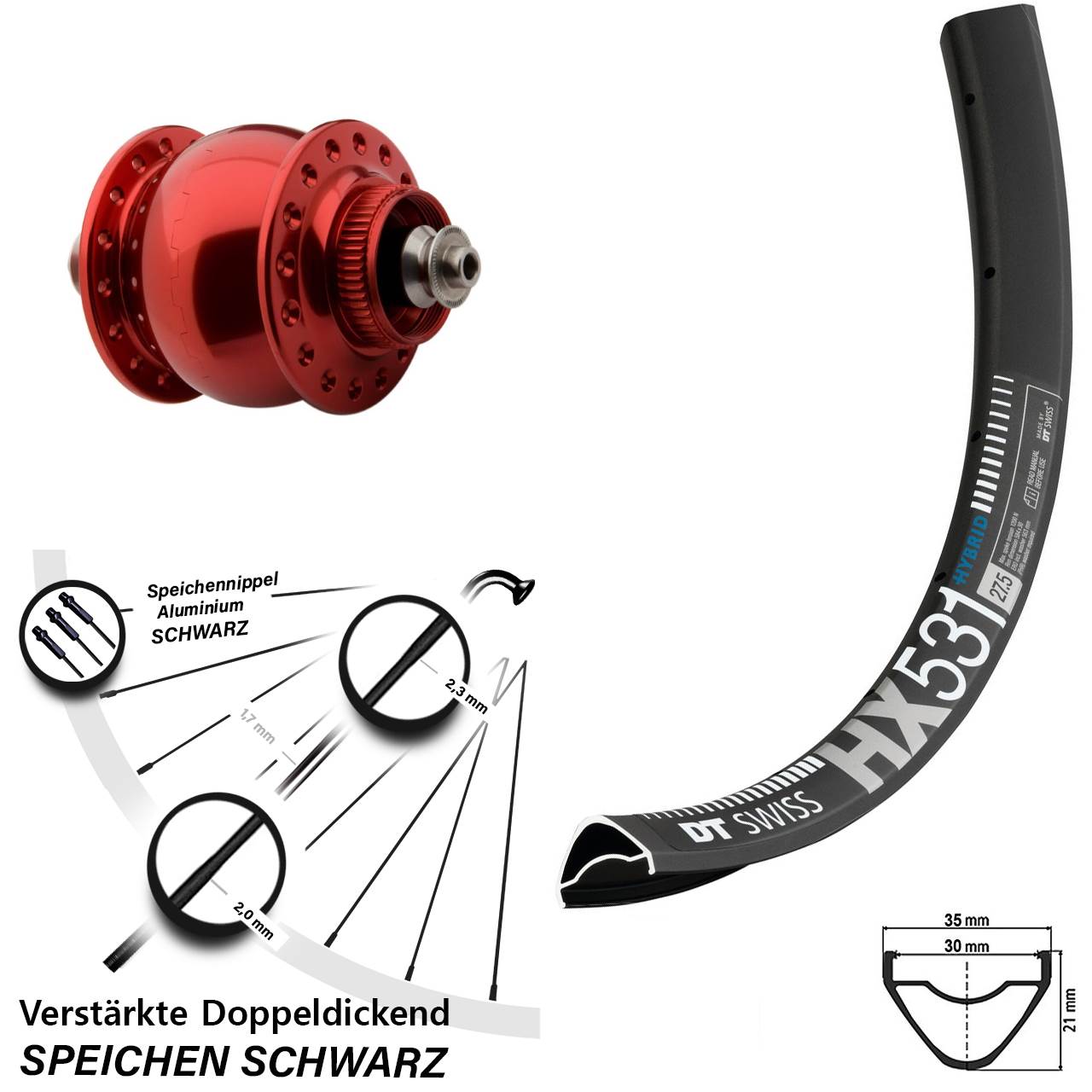Centerlock Vorderrad mit Dynamo 29 Zoll DT Swiss HX 531 SONdelux rot QR