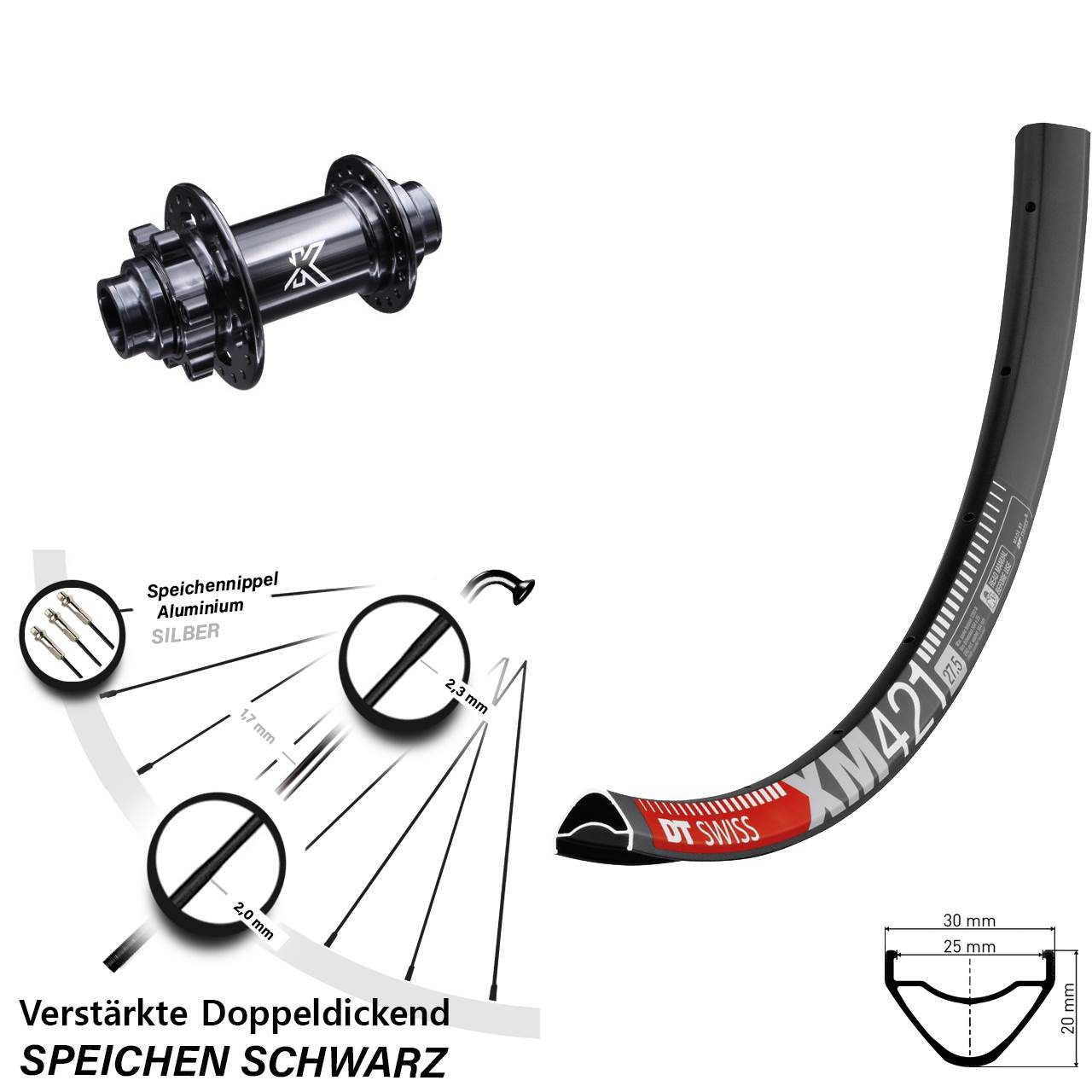 Disc Laufrad 20x110 non Boost 27,5 Zoll DT Swiss XM 421 KX-M Steckachse