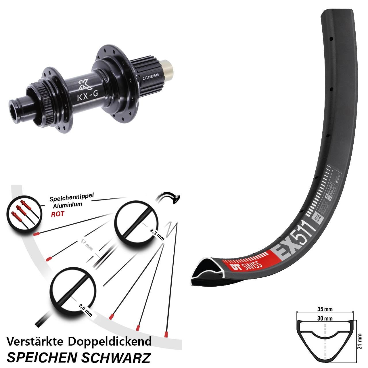 DT Swiss EX511 KX-G 27,5 Zoll Disc Laufrad 12x142 Shimano Micro Spline