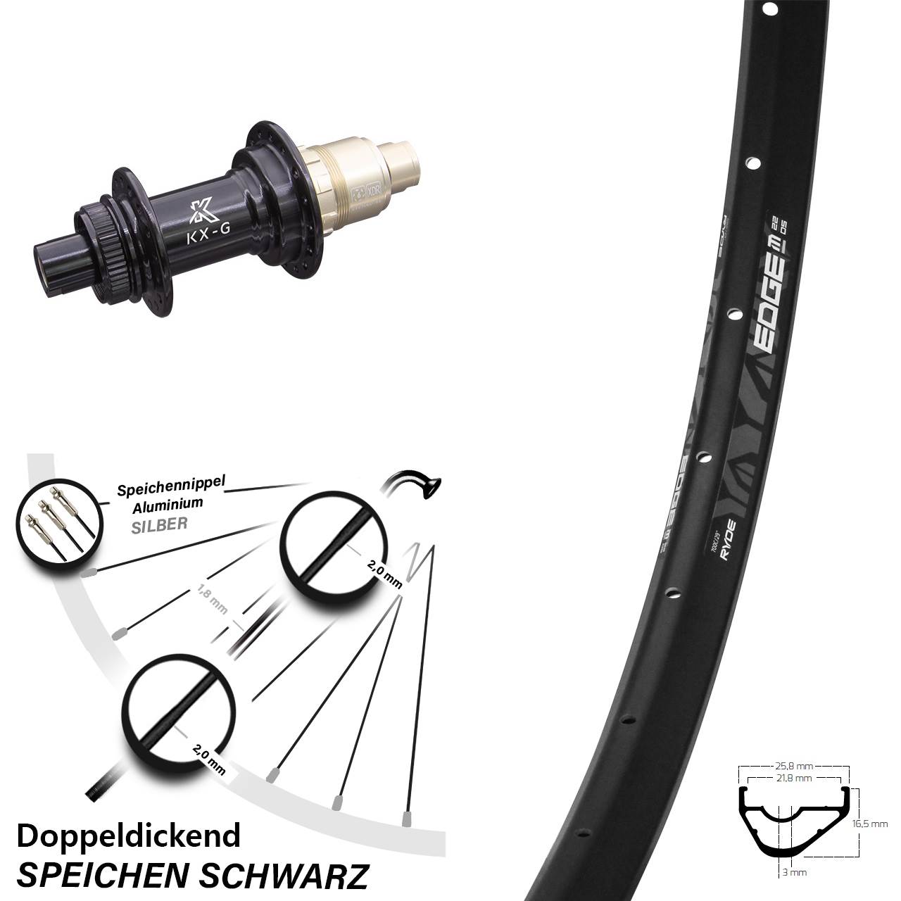 29 Zoll Ryde Edge M22 KX-G Disc Hinterrad 12x142 XD-R