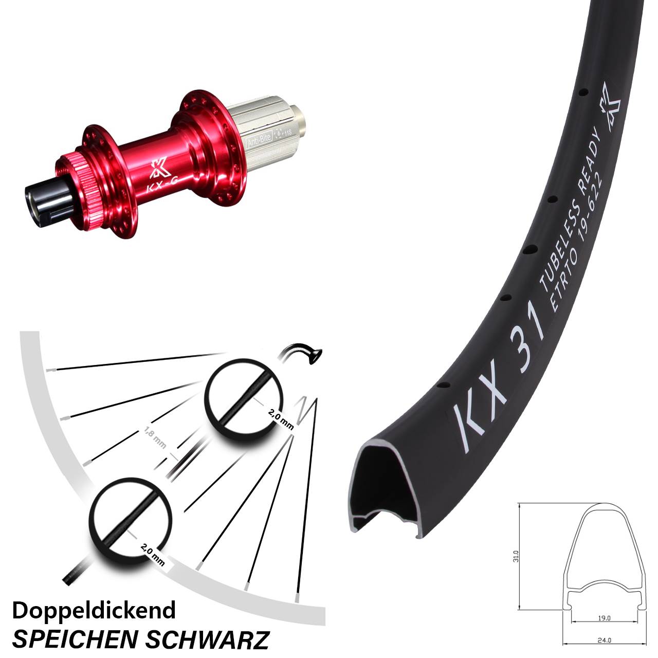 Hinterrad 28 Zoll KX-G 31 rot 8-12 fach 12x142