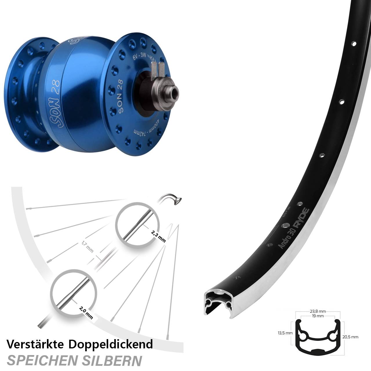 Vorderrad 26 Zoll Ryde Andra 30 schwarz SON 28 Felgenbremse QR blau eloxiert
