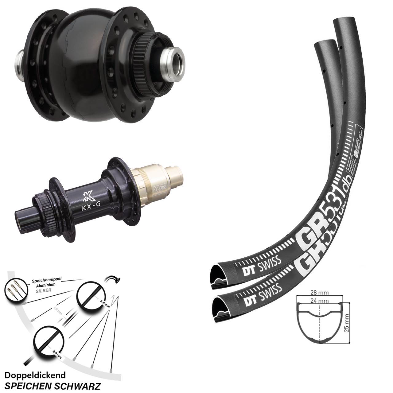 Laufradsatz DT Swiss GR 531 Dynamo SON 28 Zoll Steckachse KX-G Centerlock Sram XD-R