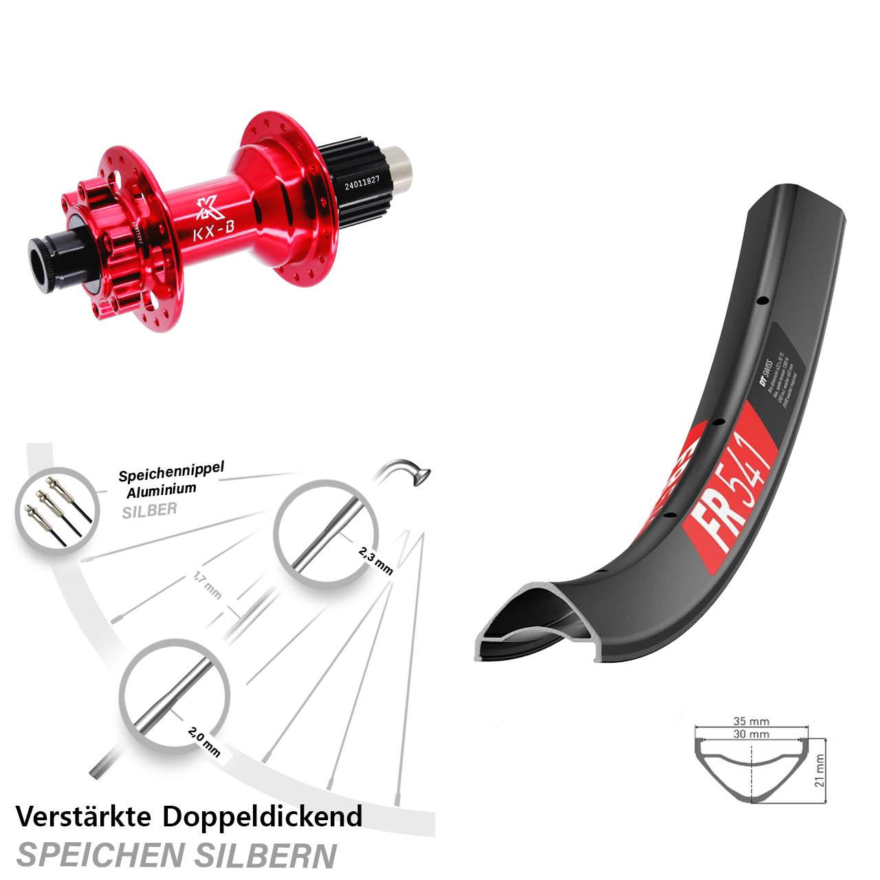 Hinterrad 6-Loch 29 Zoll DT Swiss FR 541 KX-B rot Micro Spline 12x148 Boost