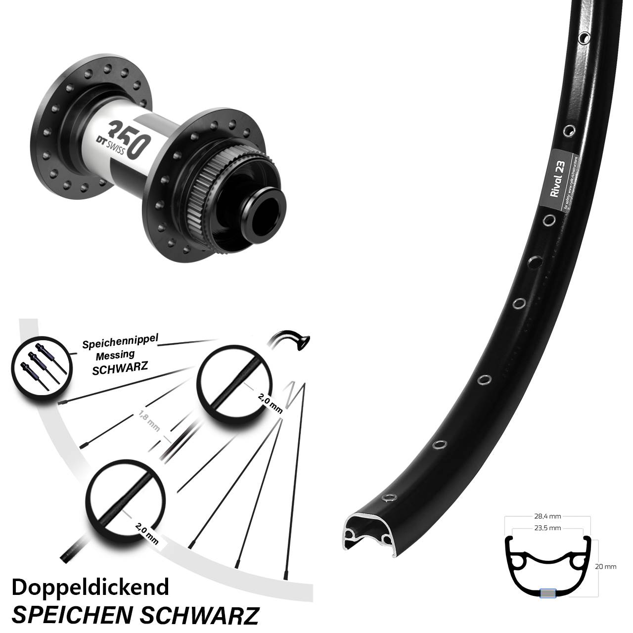 Laufrad 27,5 Zoll Ryde Rival 23 Disc schwarz DT Swiss 350 12x100 Centerlock