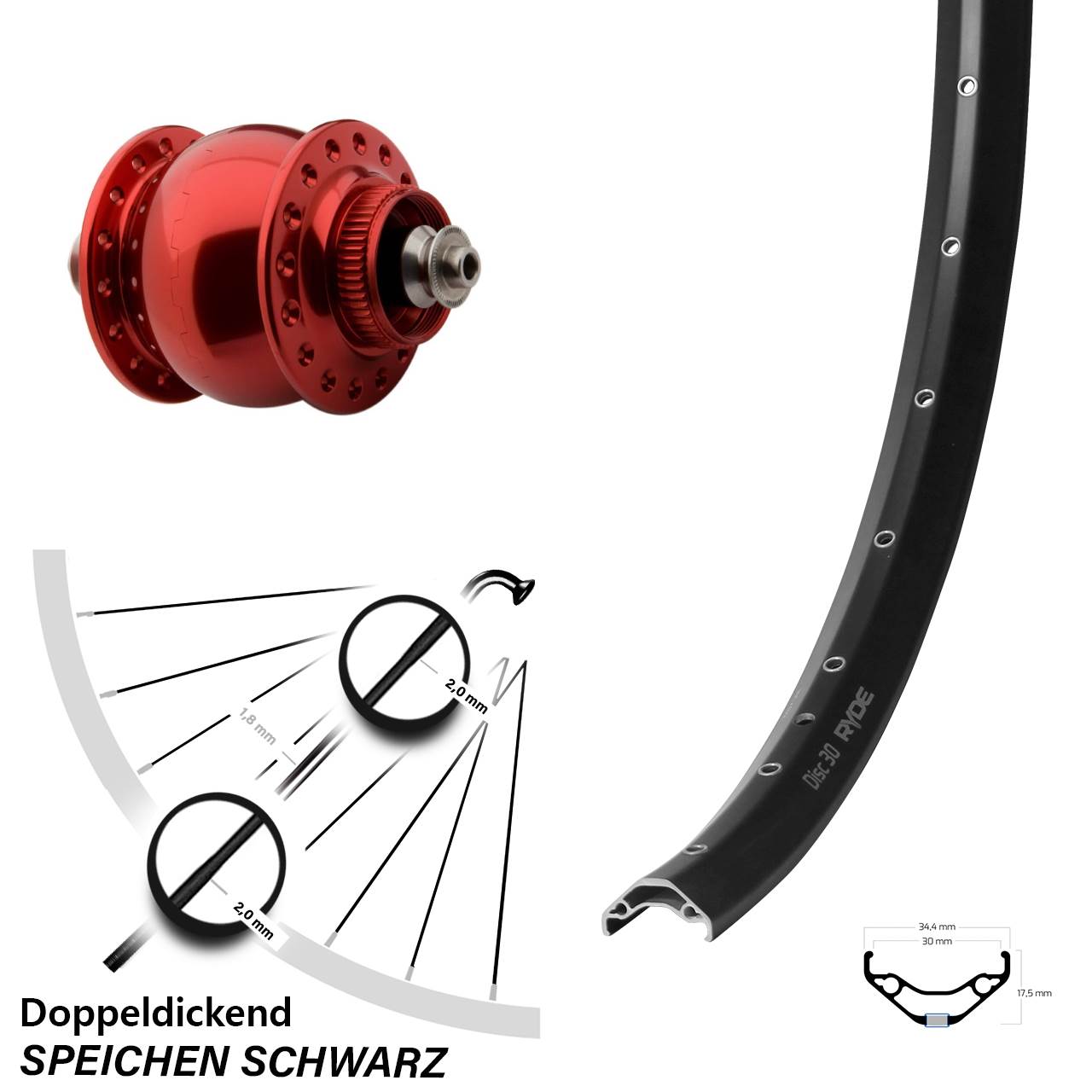 Disc Nabendynamo-Laufrad 29 Zoll Ryde Disc 30 SON 28 rot für Schnellspanner
