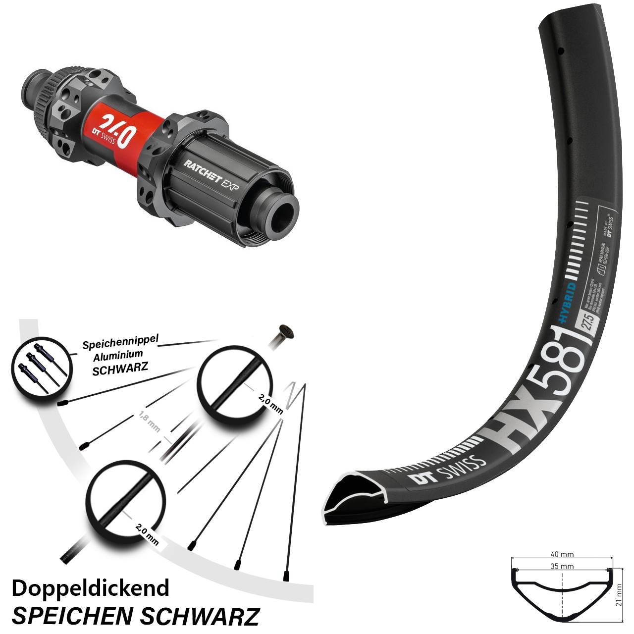 DT Swiss HX581-240 EXP Straightpull CL Boost Hinterrad 27,5 Zoll Shimano HG 8-11 fach