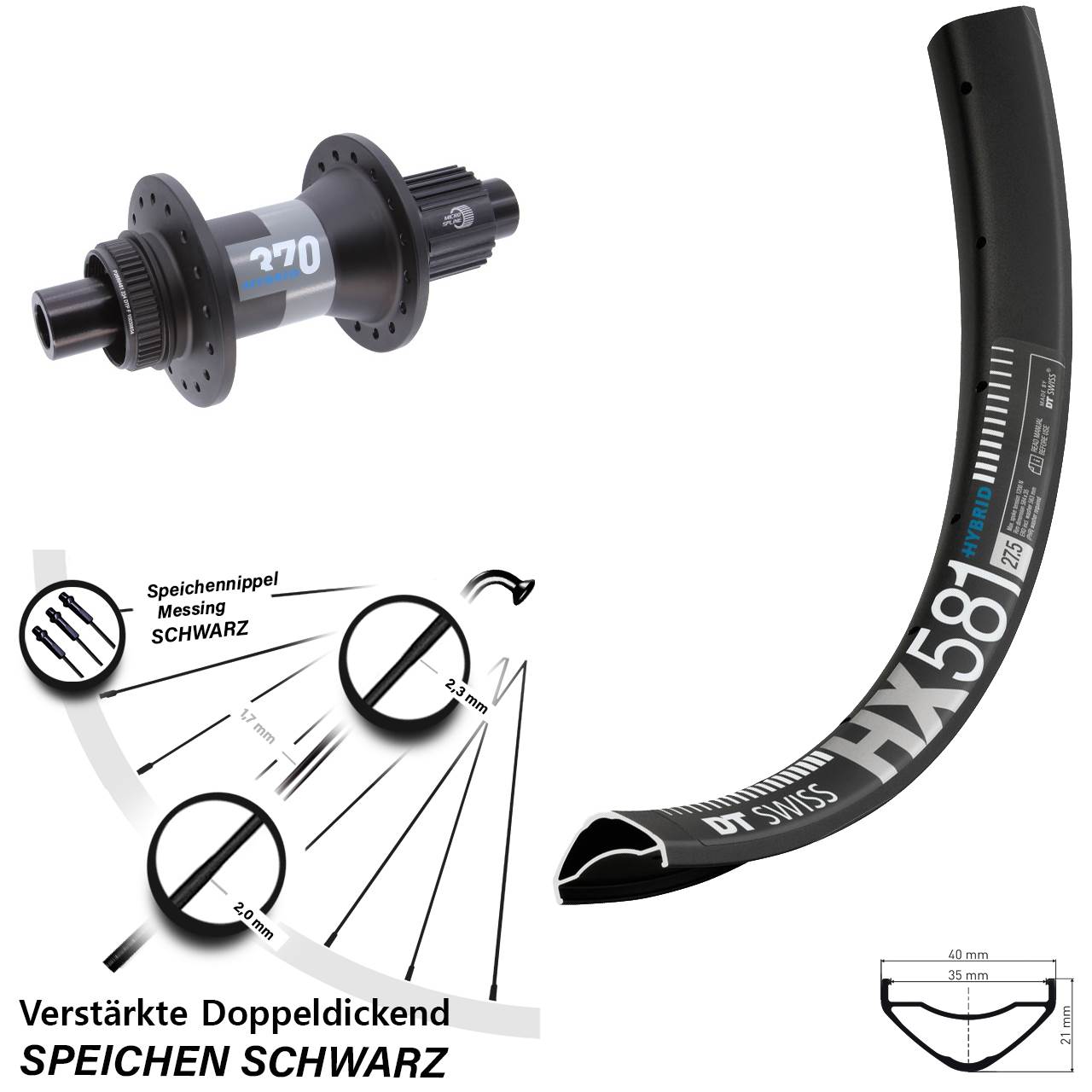 Hinterrad Centerlock 27,5 Zoll DT Swiss HX 581 370 Hybrid Shimano Micro Spline 12x148