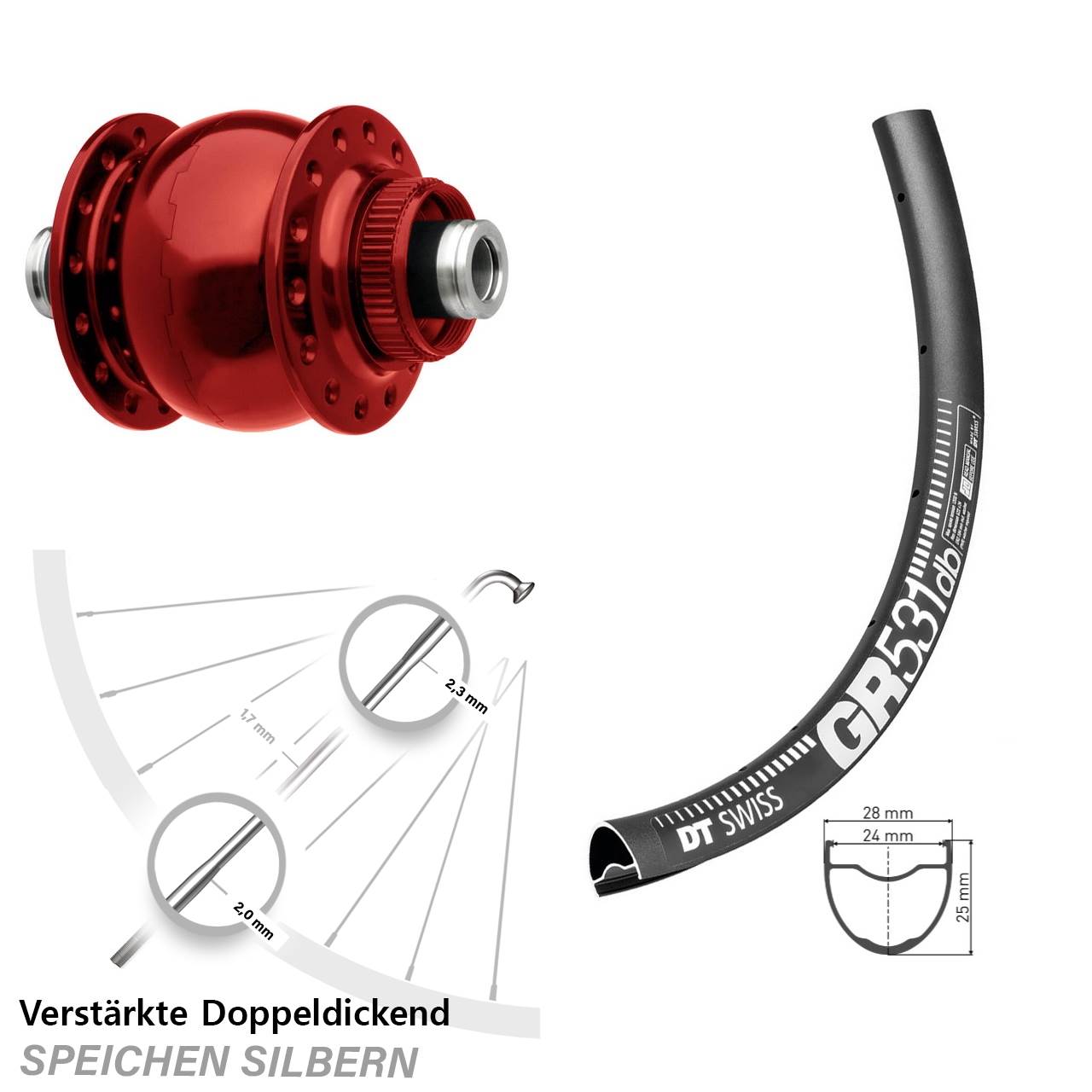 Vorderrad 28-29 Zoll DT Swiss GR 531 Son 28-12 Centerlock rot
