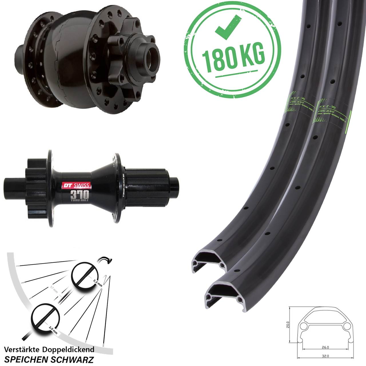 Disc Laufradsatz SON 28 15x100 12x142 28 Zoll KX Evo DT Swiss 370 Hybrid SON 8-11 fach