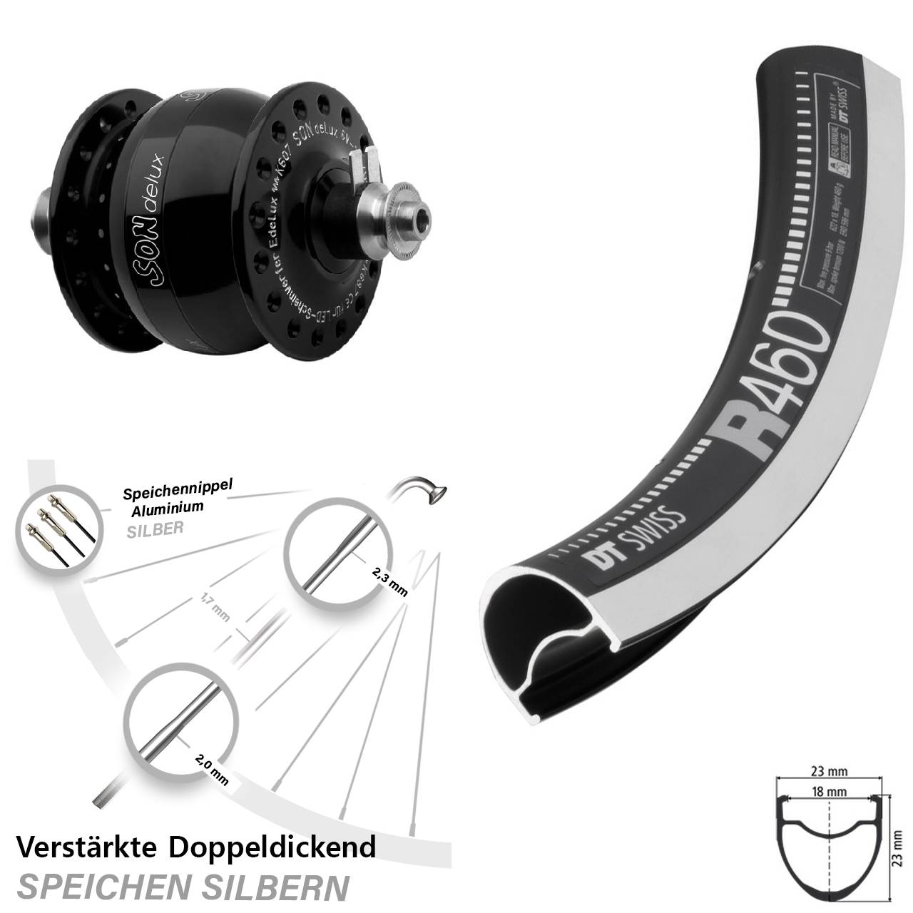 Nabendynamo-Vorderrad 28 Zoll DT Swiss R 460 CNC SON delux für Schnellspanner