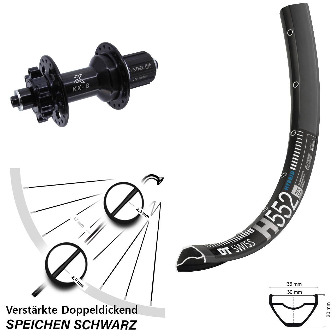 29 Zoll DT Swiss H 552 KX-B Disc Hinterrad für Schnellspanner Boost 8-12 fach