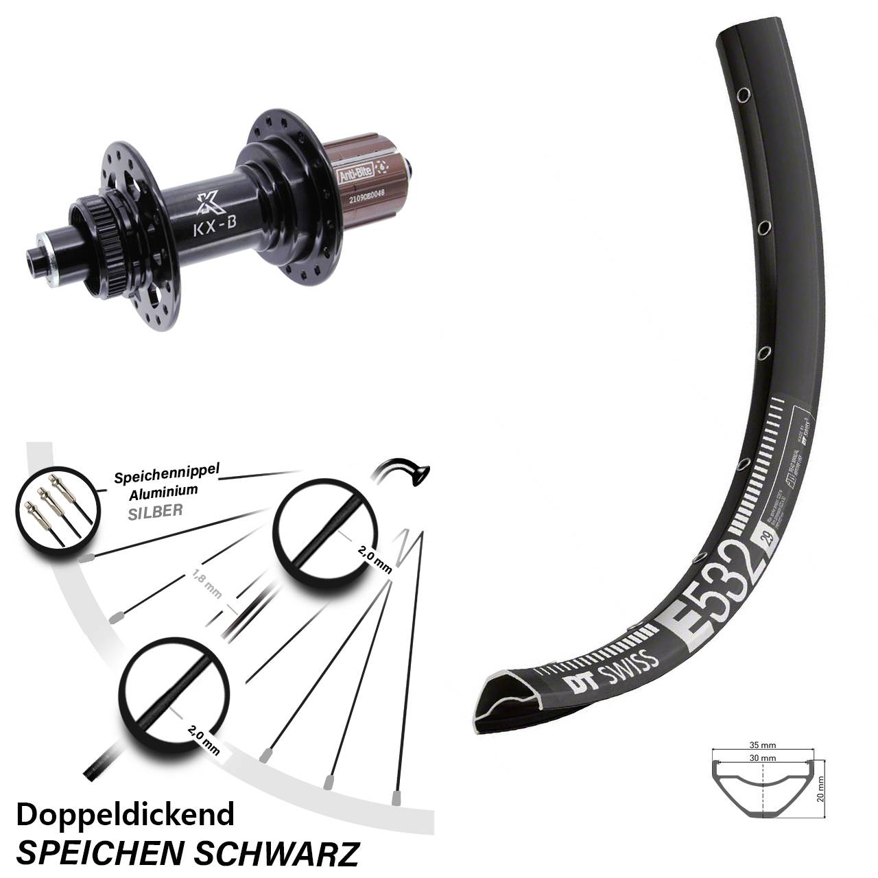 DT Swiss E532 KX-B 29 Zoll Hinterrad Centerlock für Schnellspanner Boost 8-12 fach