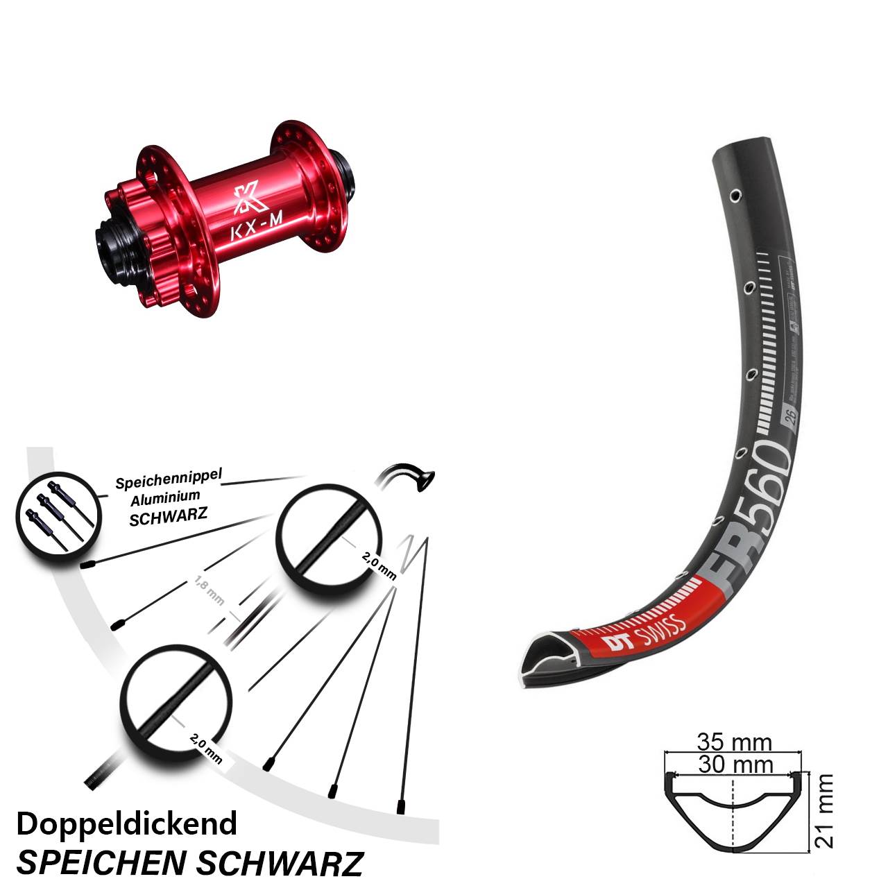 Vorderrad 6-Loch 26 Zoll DT Swiss FR 560 KX-M rot 15x100