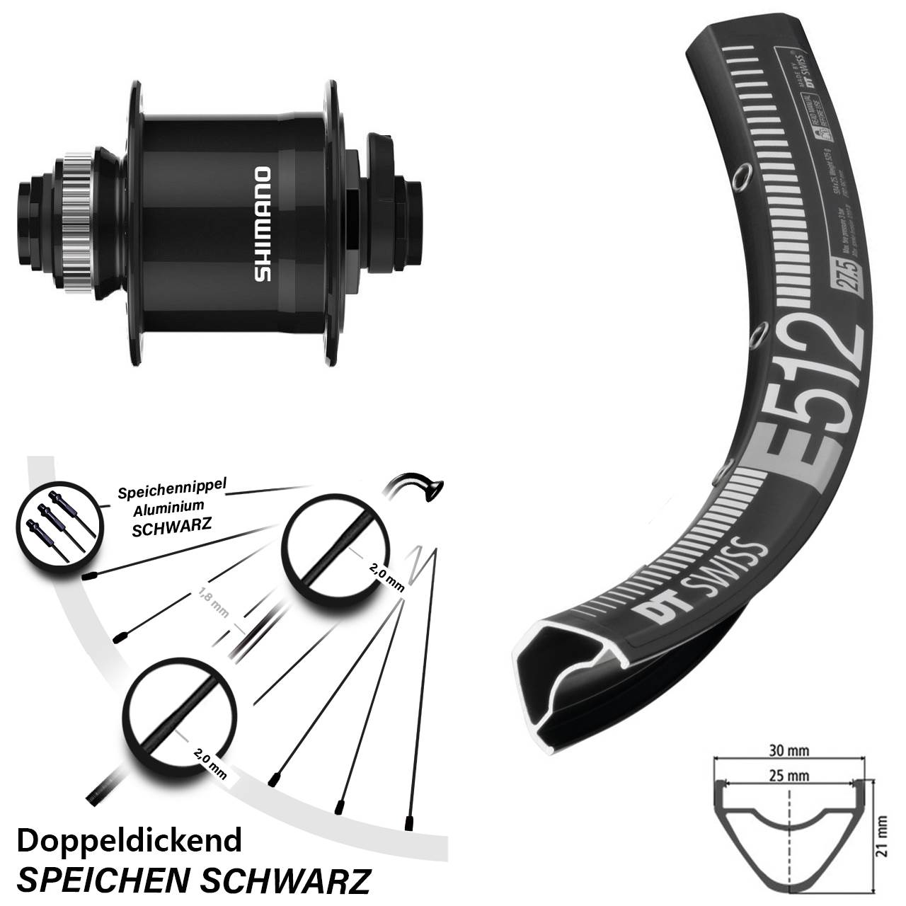 Nabendynamovorderrad Centerlock 15x100 27,5 Zoll DT Swiss E512 Shimano DH-UR708