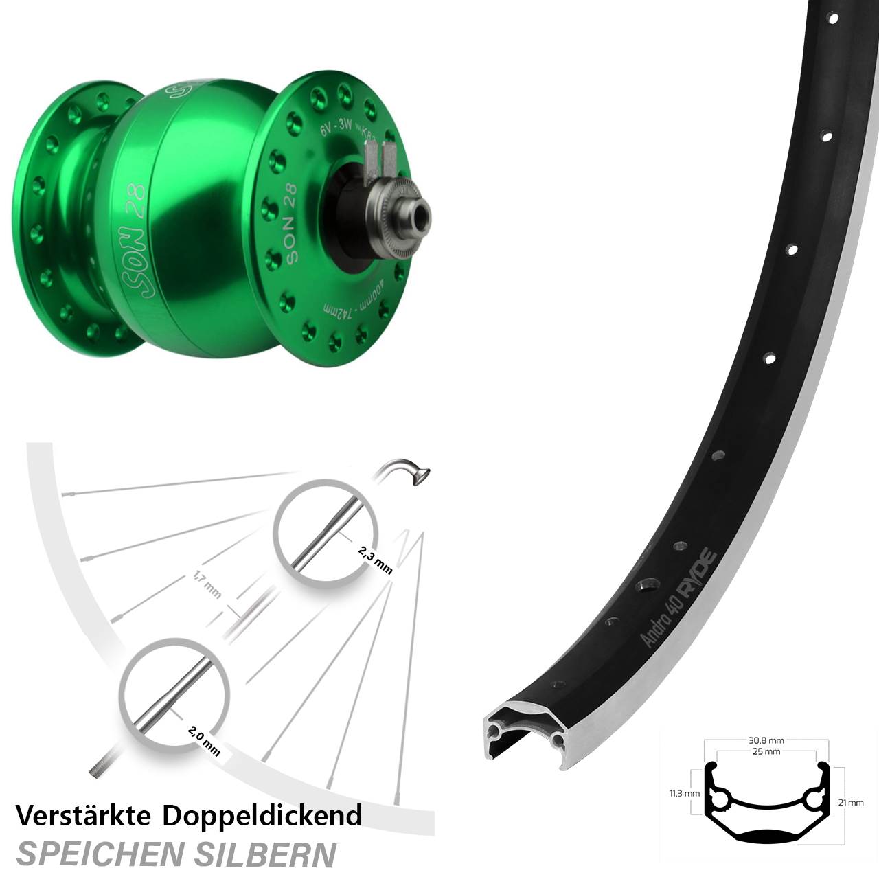 SON 28 grün Ryde Andra 40 20 Zoll Nabendynamovorderrad QR