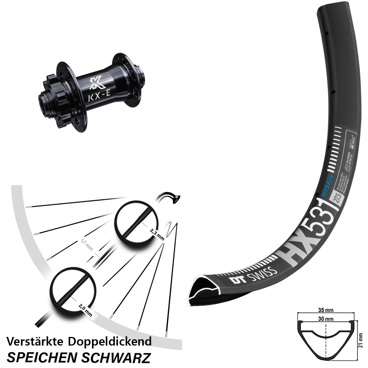 Vorderrad DT Swiss HX 531 Steckachse KX-E 15x100 mm 6-Loch verstärkt 29 Zoll E-Bike