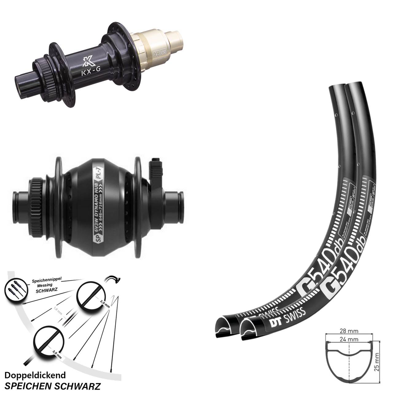 Laufradsatz Gravel Dynamo Shutter Precision PL-7 DT Swiss G 540 KX-G Steckachse Sram XDR