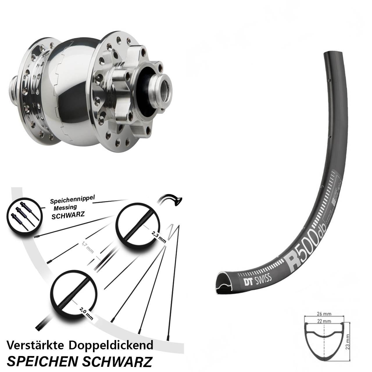 Vorderrad Dynamo DT Swiss R 500 SON 28-12x100 Disc silbern poliert