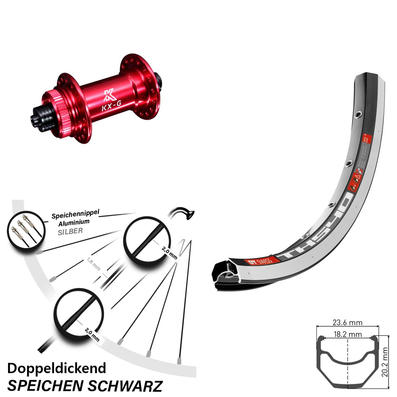 28 Zoll Vorderrad DT Swiss TK 540 Felgenbremse KX-G Nabe rot-eloxiert 5x100 mm
