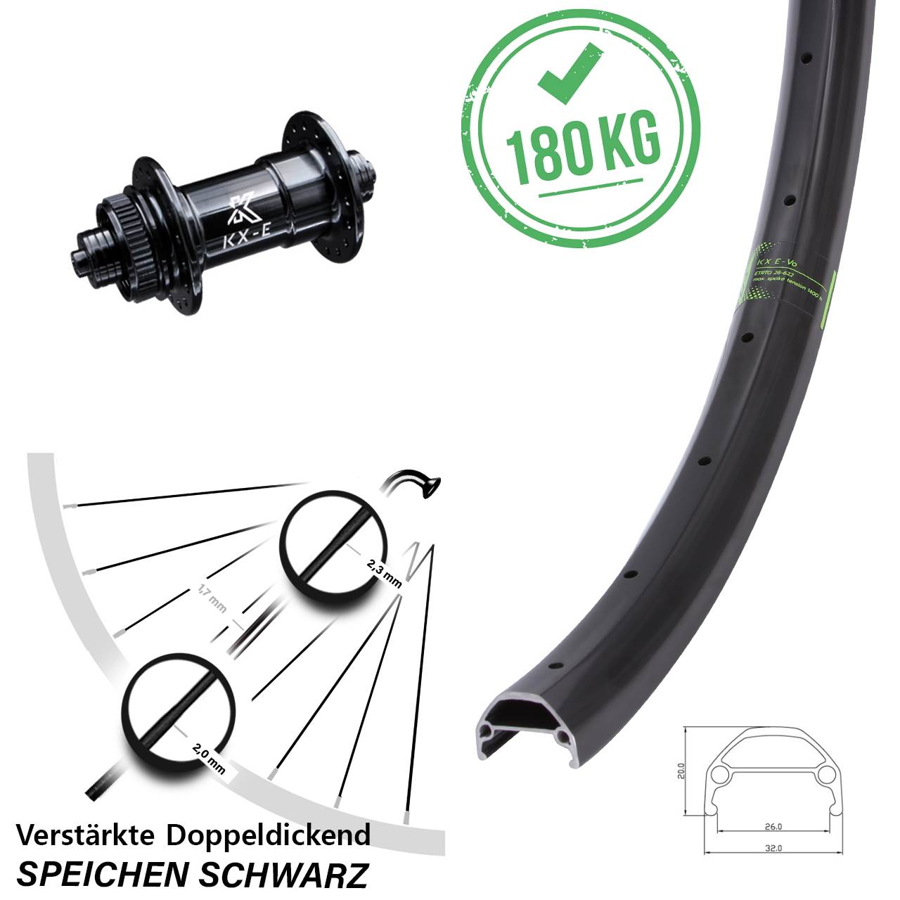 26 Zoll Vorderrad Centerlock schwarz KX Evo verstärkt 26-559 ETRTO Lastenrad