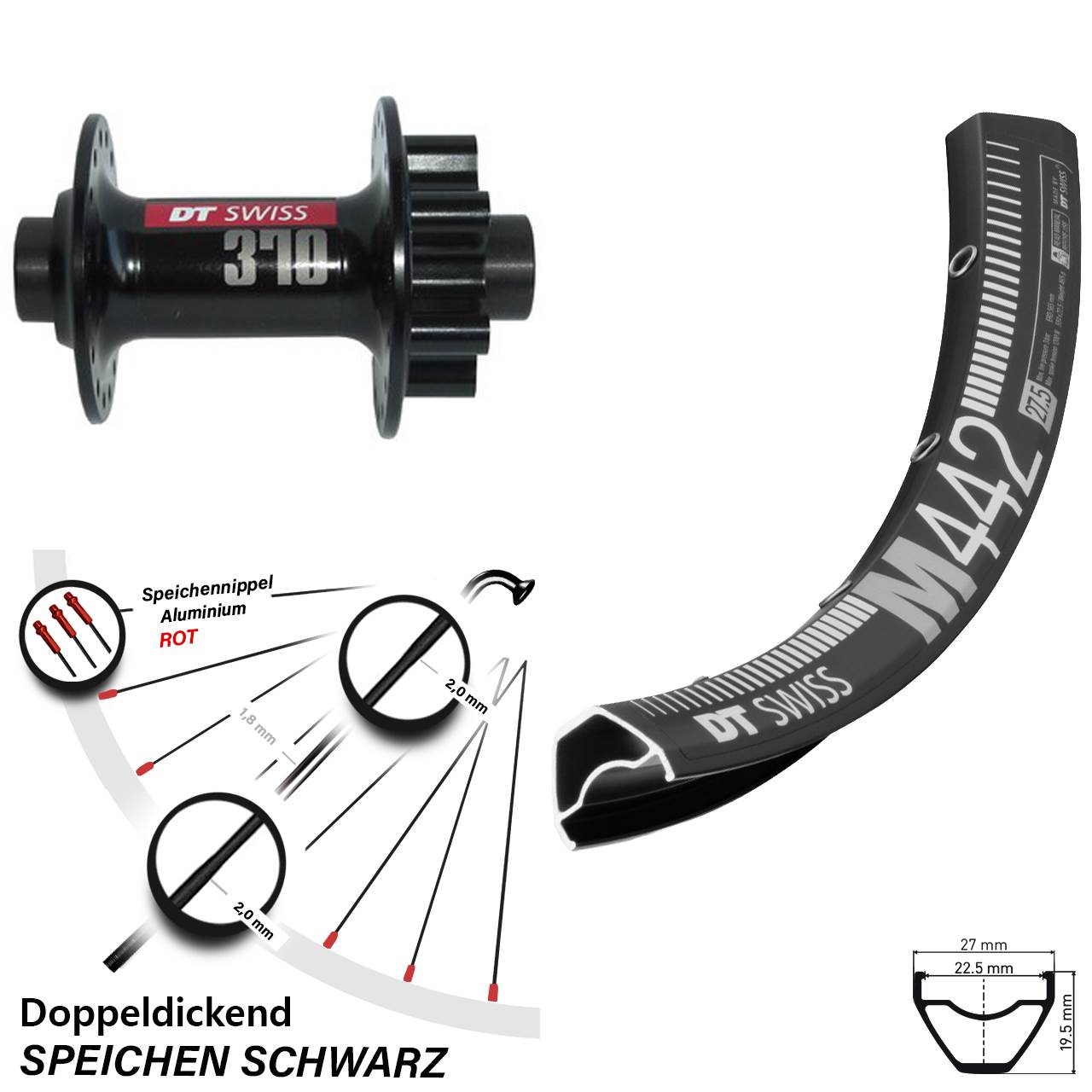 28 Zoll DT Swiss M442-370 Disc Vorderrad 12x100