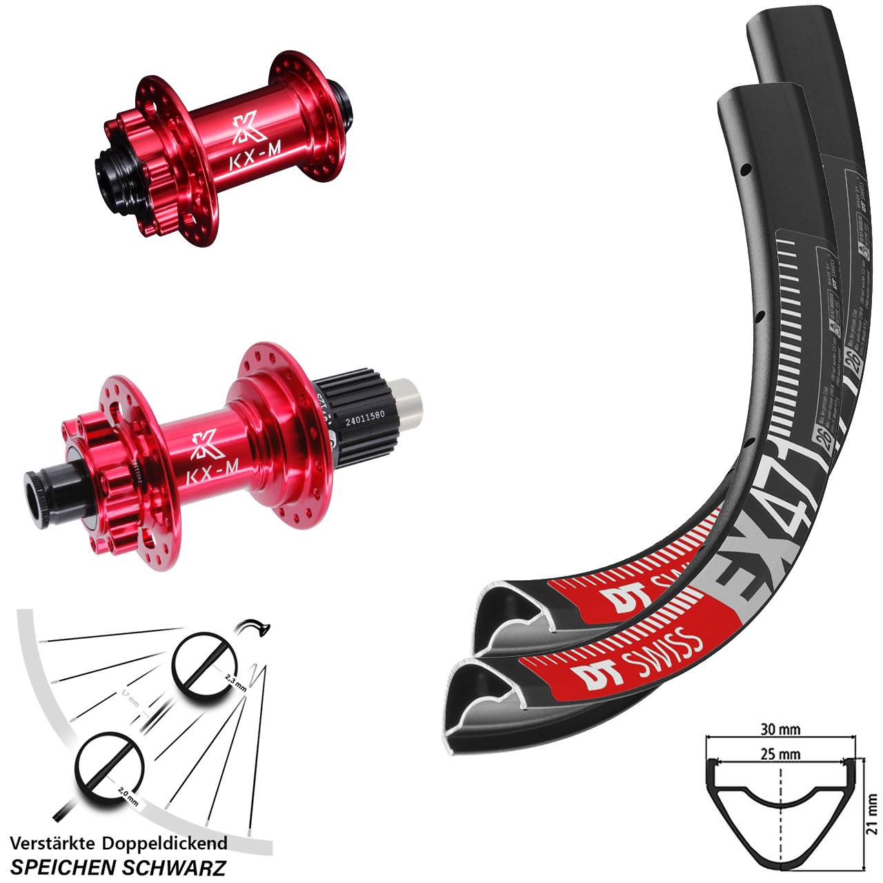 Laufradsatz 6-Loch 26 Zoll DT Swiss EX471 KX-M rot Shimano Micro Spline 12x100/142
