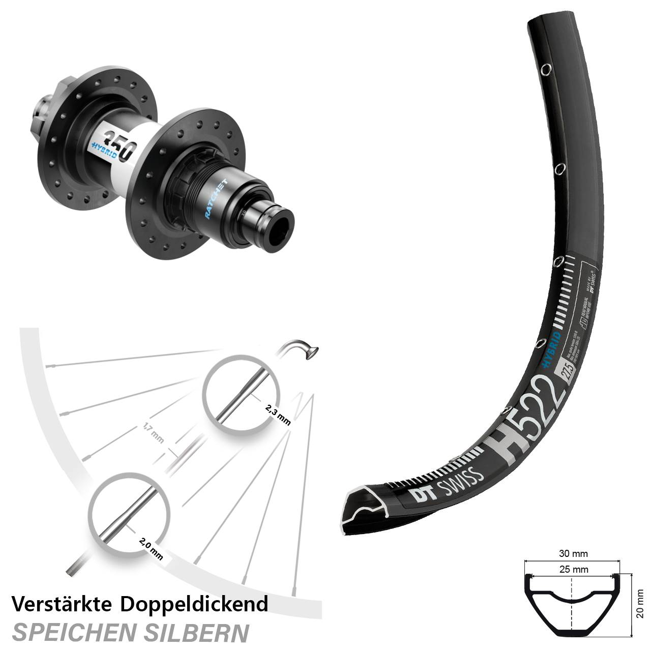 6-Loch Hinterrad 12x148 28-29 Zoll DT Swiss H522-350 Hybrid XD 11-12 fach