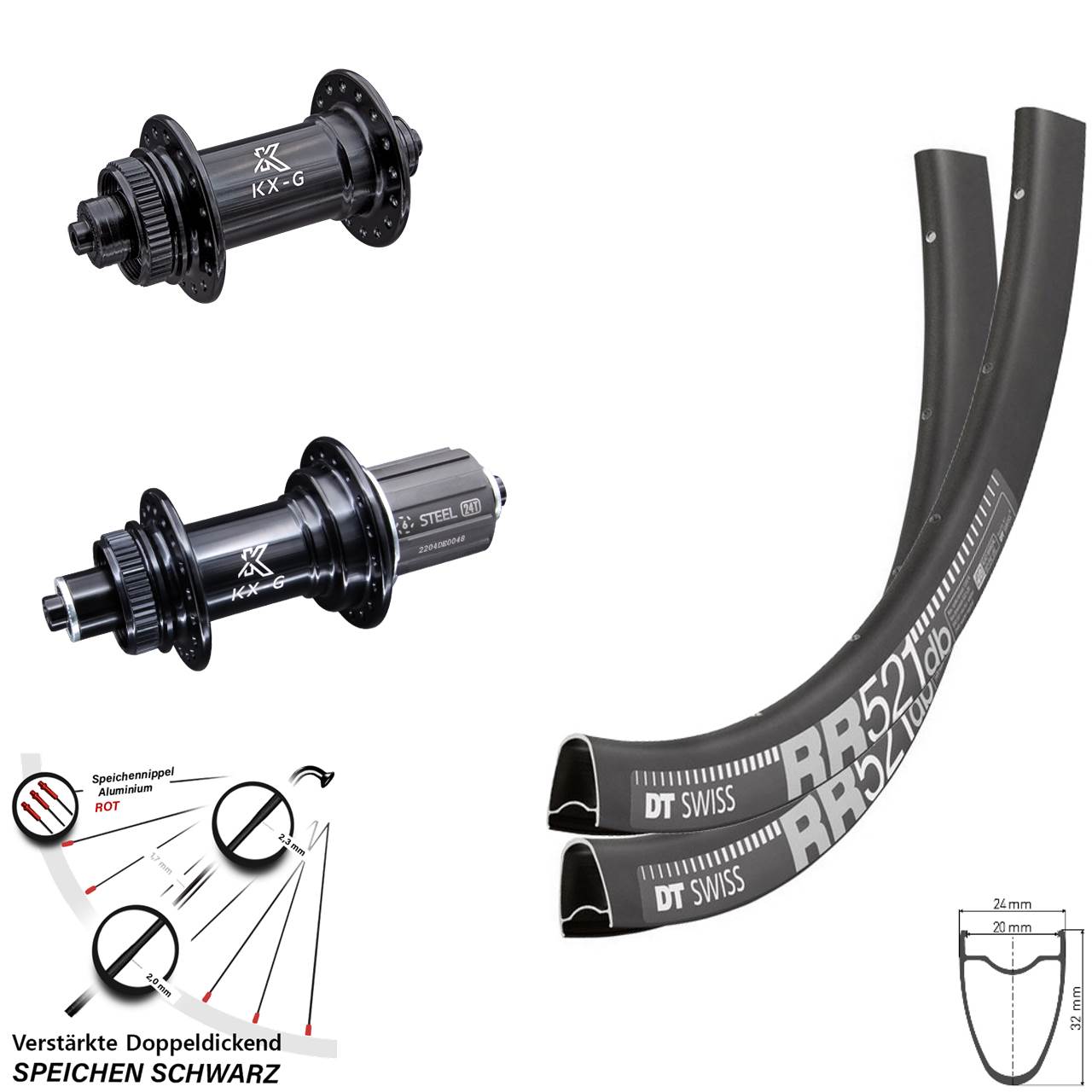 28 Zoll Laufradsatz Road verstärkt DT Swiss RR 521 KX-GS Nabe Shimano 8-12 fach