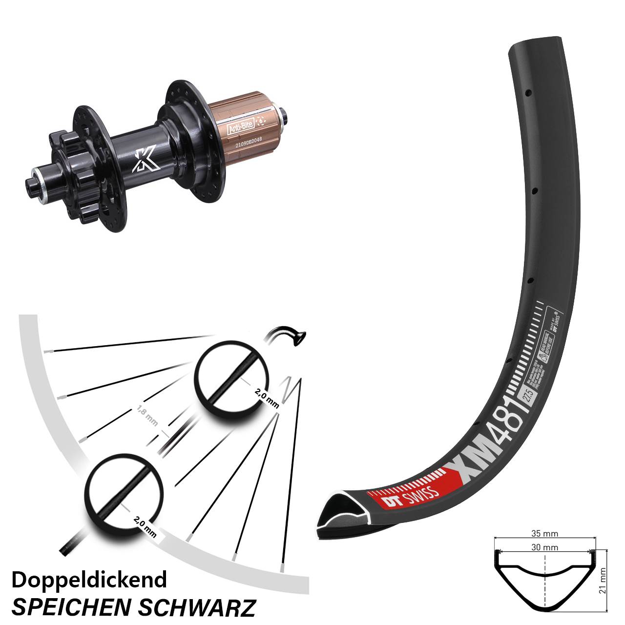 6-Loch Hinterrad 27,5 Zoll DT Swiss XM 481 KX-M 8-12 fach für Schnellspanner