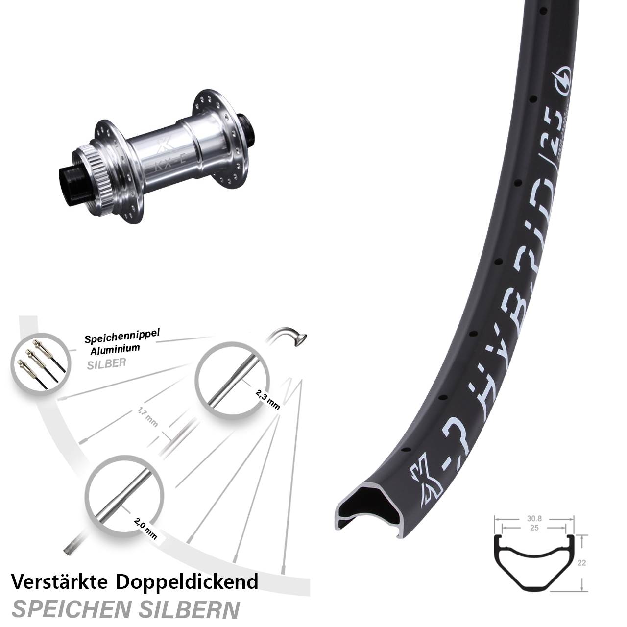 29 Zoll Vorderrad KX-ER Hybrid 25 Steckachse 15x100 mm verstärkt E-Bike Centerlock silbern