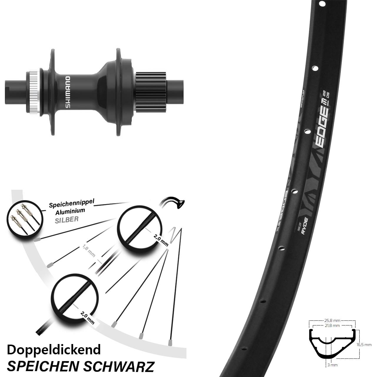 Hinterrad Centerlock 29 Zoll Ryde Edge M22 Shimano FH-MT410 Micro Spline 12x142