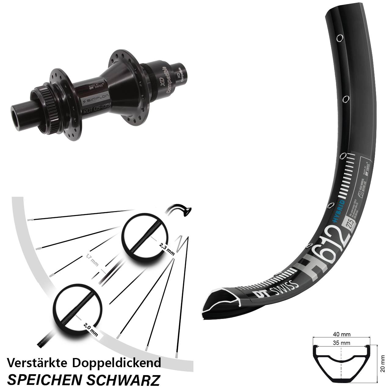 27,5 Zoll DT Swiss H 612 370 Hinterrad Centerlock 12x142 XD