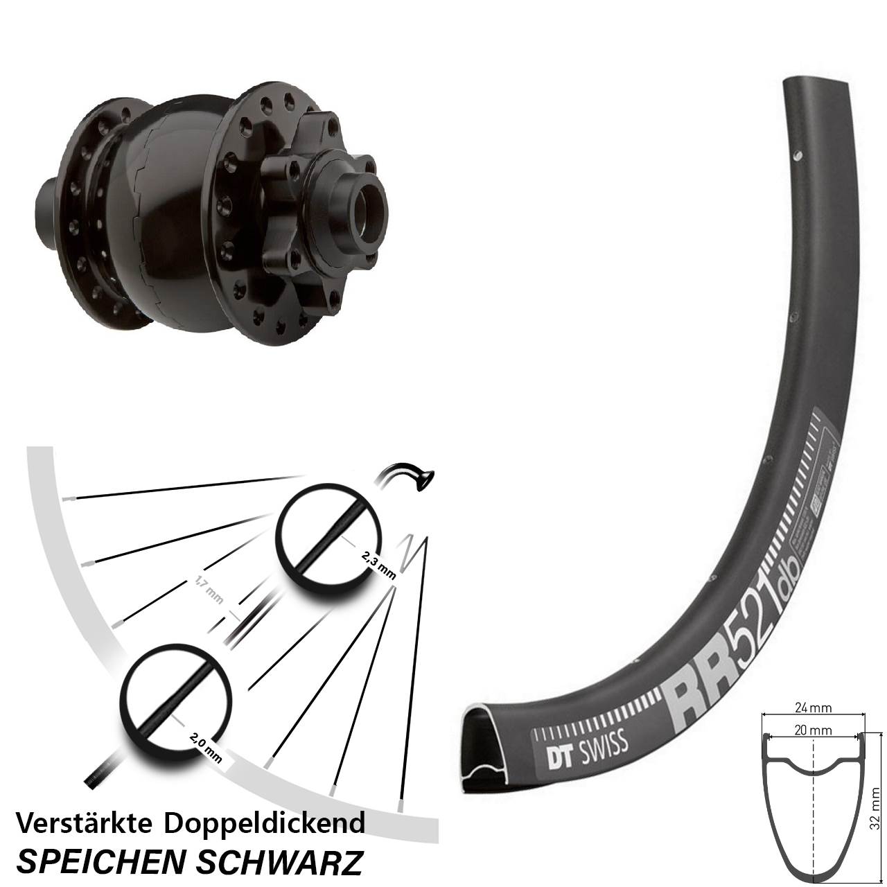 Nabendynamovorderrad 6-Loch DT Swiss RR 521 SON 28 Zoll 15x100