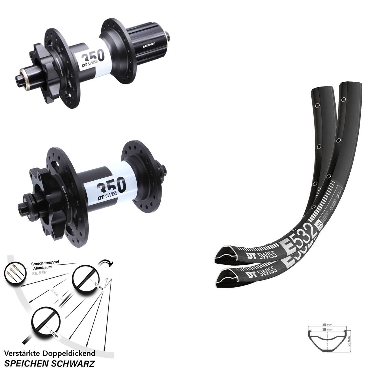 Laufradsatz 29 Zoll DT Swiss E 532-350 Ratchet 36 Disc 8-11 fach HG für Schnellspanner