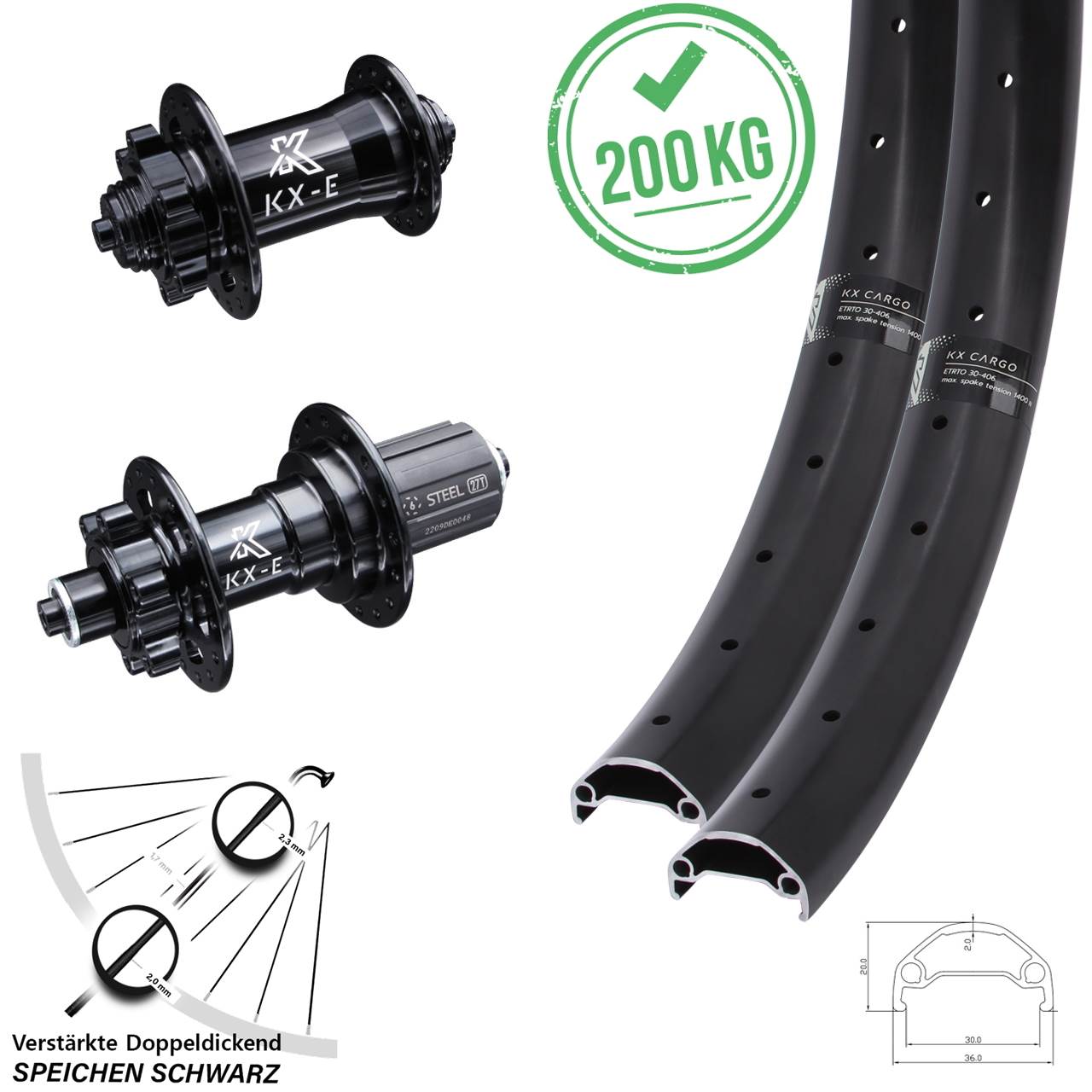 Disc Laufradsatz 20/26 Zoll KX-E Cargo Heavy Duty 8-12 fach HG für Schnellspanner