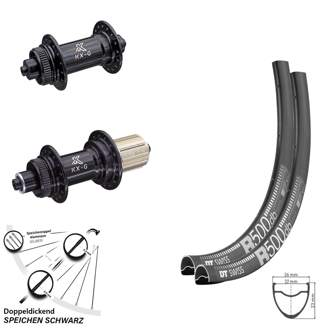 DT Swiss R 500 Laufradsatz 28 Zoll KX-G Nabe 8-12 fach Centerlock 100/135 mm