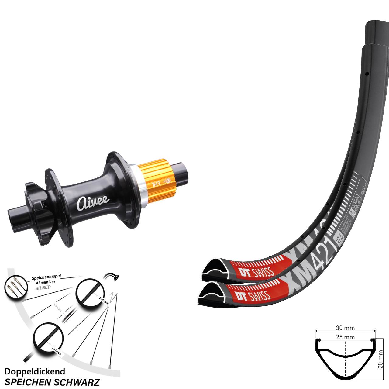 29 Zoll Boost Laufradsatz Tubeless DT Swiss XM 421 mit Aivee Classic Nabe Shimano
