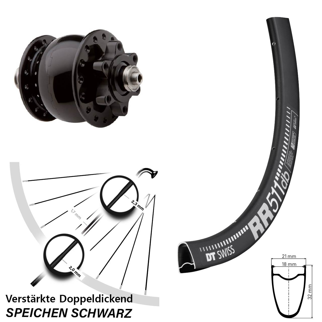 Son 28 Zoll Vorderrad mit Nabendynamo Disc 6-Loch DT Swiss RR 511 DB