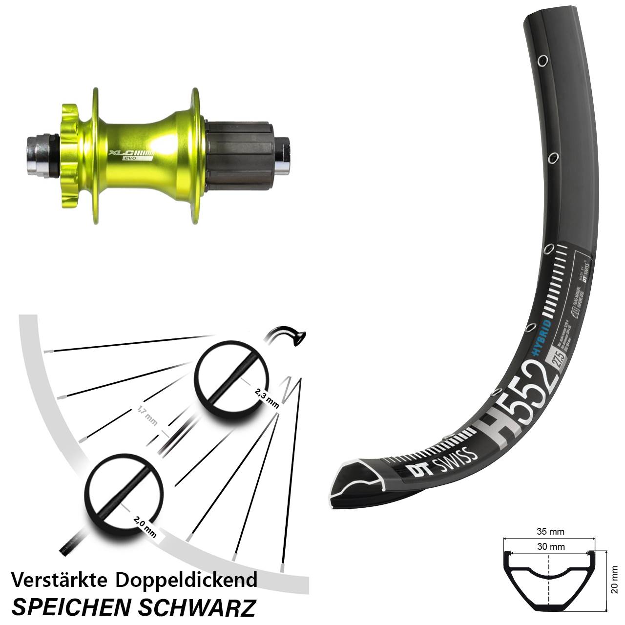 Hinterrad 6-Loch 27,5 Zoll DT Swiss H 552 XLC Evo grün 8-11 fach HG 12x142