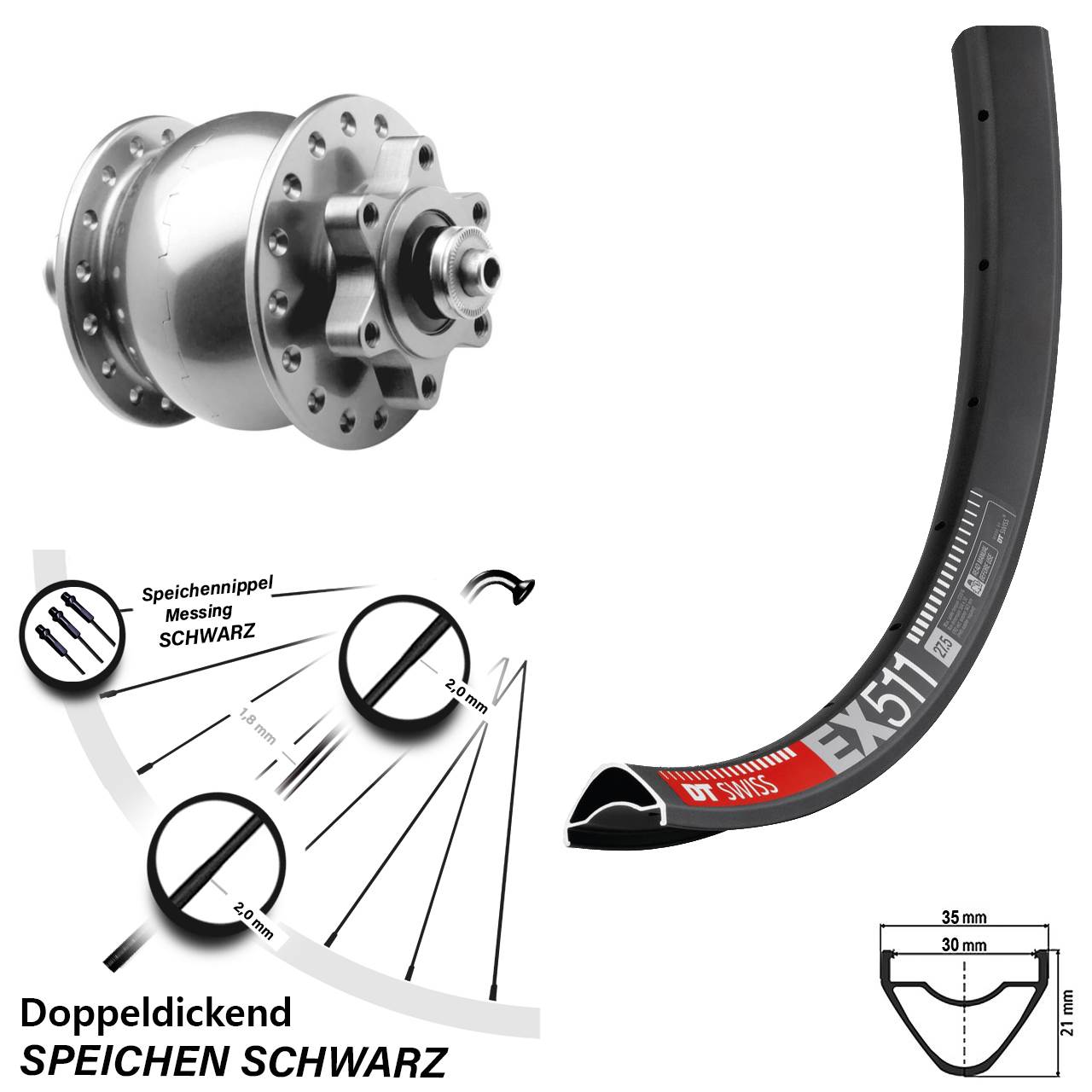 Nabendynamovorderrad 6-Loch für Schnellspanner 27,5 Zoll DT Swiss EX 511 SON 28 silbern