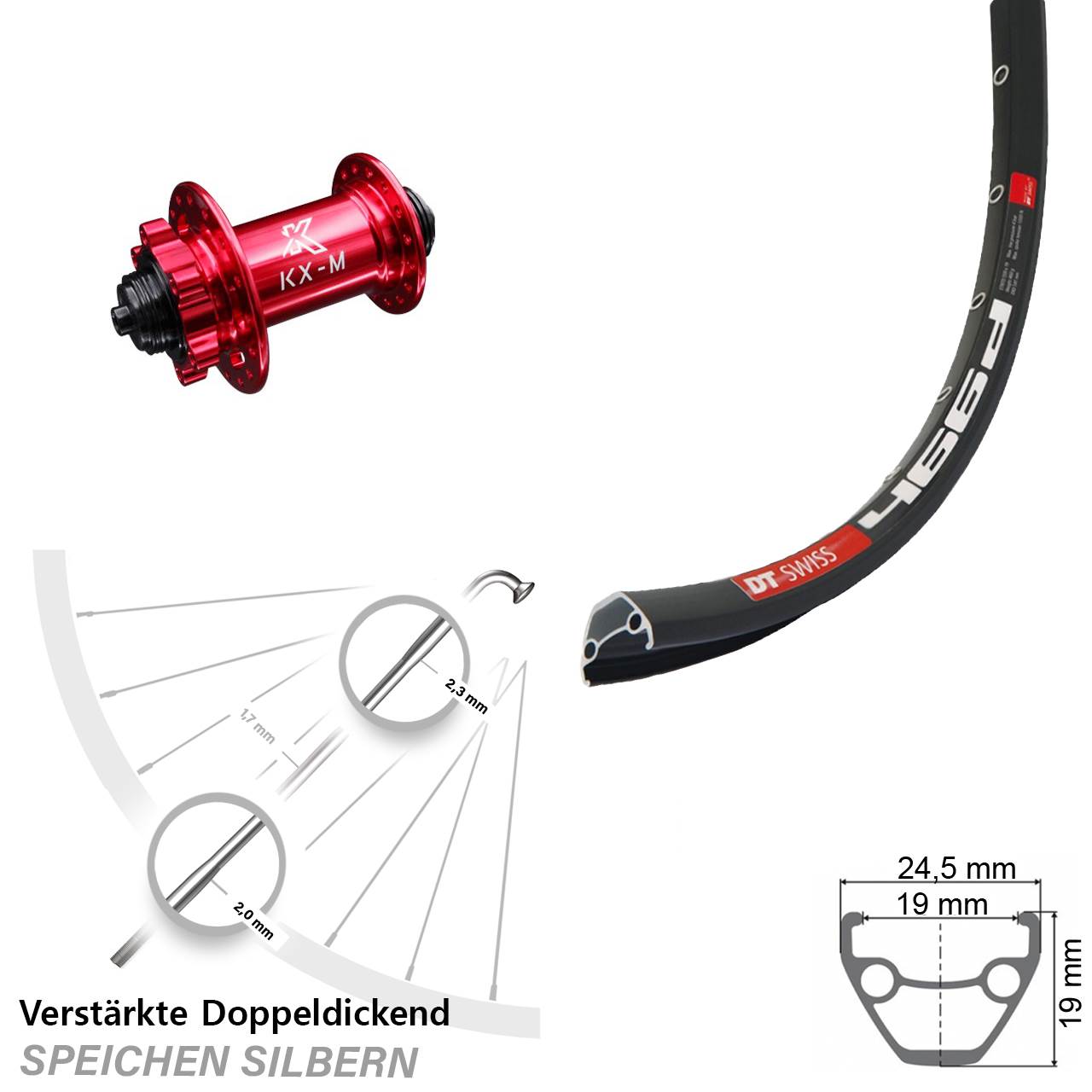 29 Zoll DT Swiss 466 KX-M rot Vorderrad 6-Loch für Schnellspanner
