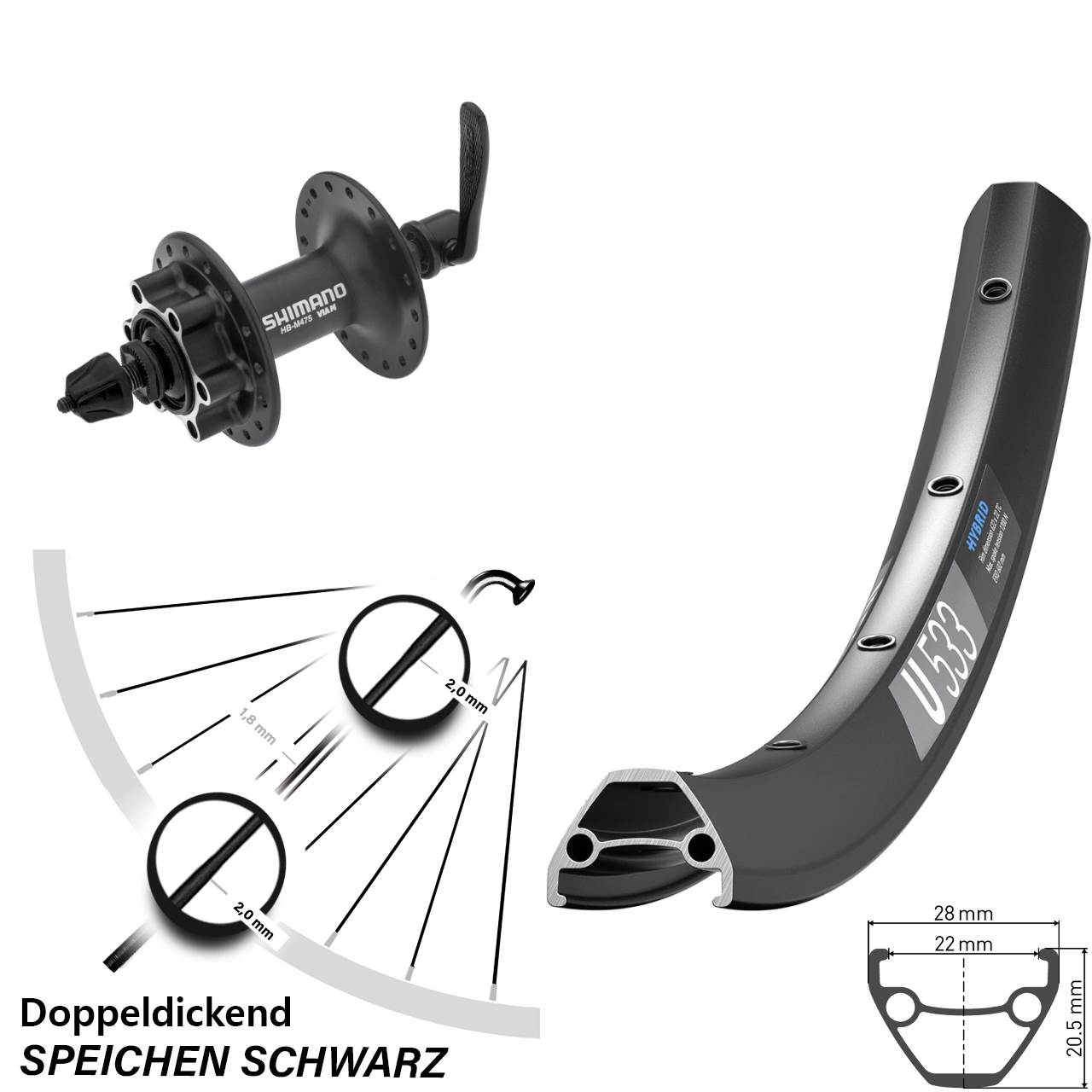 Disc Vorderrad 29 Zoll DT Swiss U 533 Shimano HB-M475 für Schnellspanner