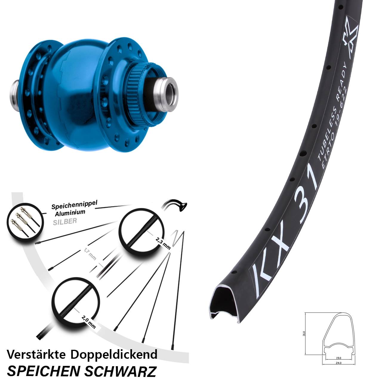 Vorderrad Dynamo blauer SON 28 Zoll KX 31 Offset 12x100